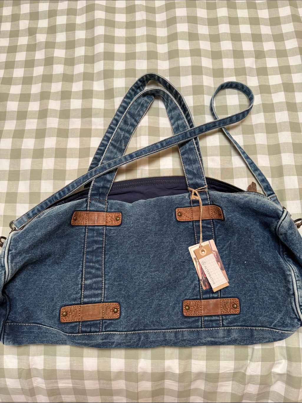 Urban Outfitters Denim Weekender Bag With Brown Leather Accents